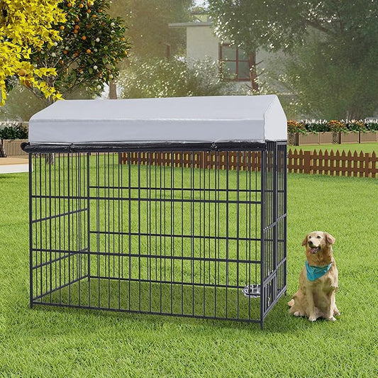 Ball & Cast 47" Outdoor Dog Kennel for 91+ lbs Dogs,Lockable Swivel Door with Bowl Rack & 2 Stainless Bowls,Waterproof Metal Roofed Pet Run Enclosure,Easy to Clean & Assemble,Black