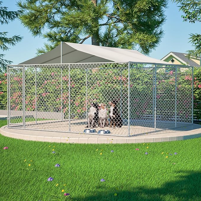 Outdoor Dog Enclosure Heavy Duty Dog Kennel House Mesh Outside Galvanized Chain Link Dog Run with Roof,Dog Cage Large Dogs Dog Pen Pet Kennel W/Waterproof Anti-UV Cover&Secure Lock for Large Dog