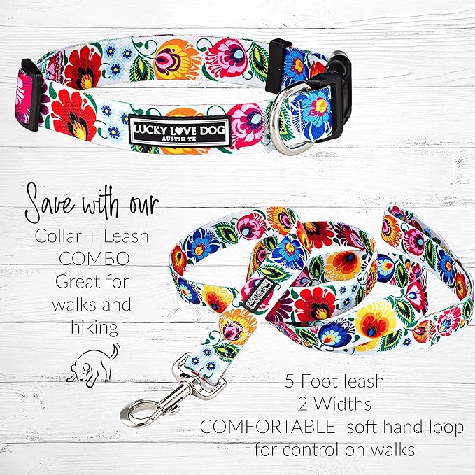 Lucky Love Dog - Easy Click Buckle Dog Collar with Leash Set Combo, Durable & Comfortable Collar for Male & Female Dogs, Pet Collar for Small to Large Dogs, Secure Fit - Ladybird Combo, X-Small