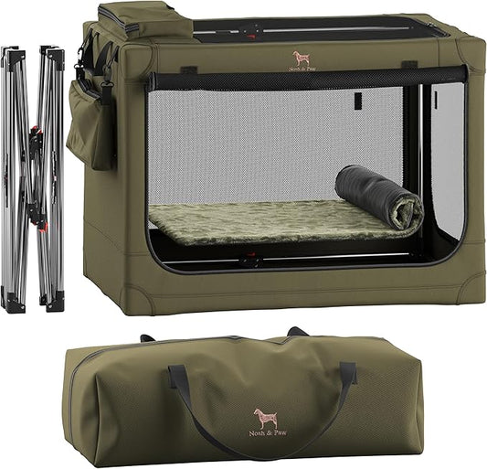 Noah & Paw Collapsible Dog Crate 30 Inches, Large Dog Crate for Large Medium Breeds, Travel Kennel for Car, Including Pet Mat for Pet Cage, 2 Storage Pockets, Handbag, 10mm Locking Zipper 30*21*21