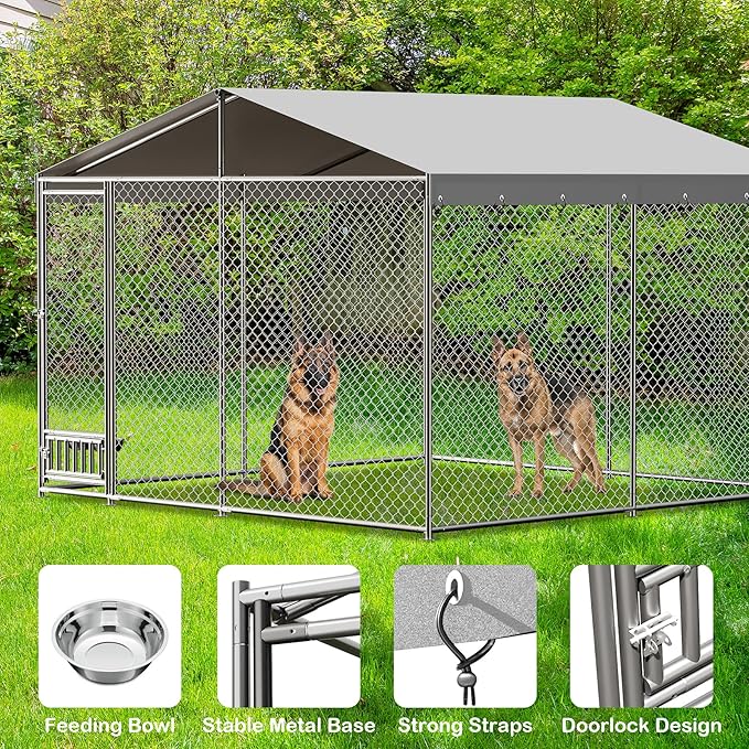 Dog Kennel Outdoor with Waterproof Canopy, Large Dog House with Feeding Doors, Large Dog Kennel Outdoor for Garden Backyard Courtyard（10×10×7FT）